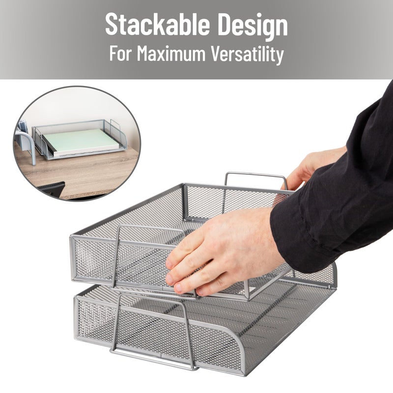 Mind Reader Stackable Paper Tray, Desktop Organizer, File Storage, Office, Metal Mesh, 13.25" L x 9.75" W x 6.25" H, 2 Pcs., Silver - Image 4